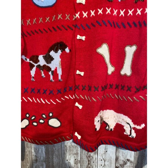 Women's Tribeca Studio Red Novelty Dog Sweater Cardigan Size Large Bone Buttons - Picture 6 of 11